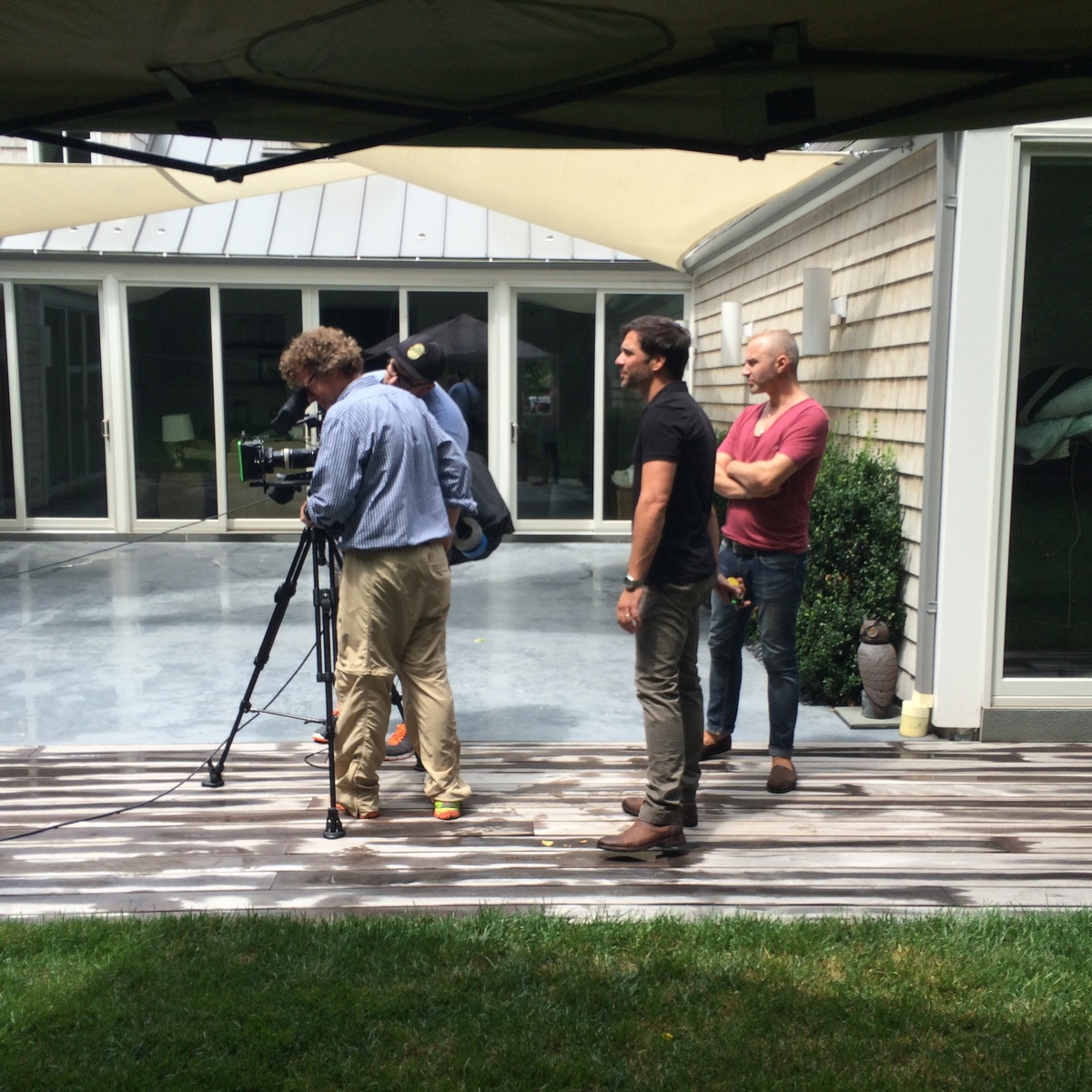 Outdoor porch shoot with talent and boom operator